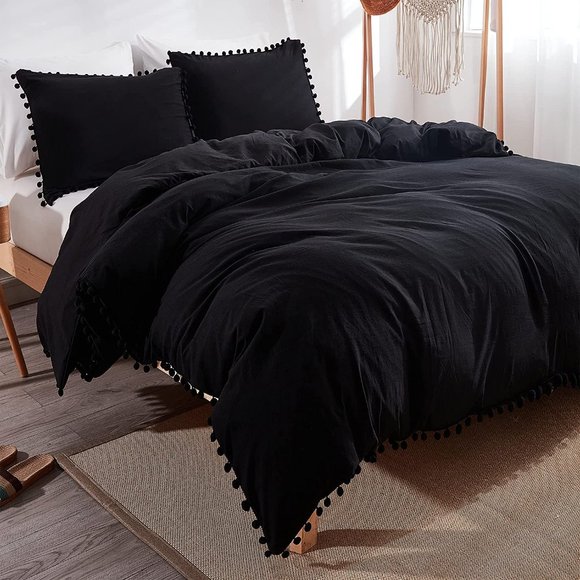 Urban Outfitters Other - UO 3 Pieces Queen Black Pom Pom Fringe Duvet Cover